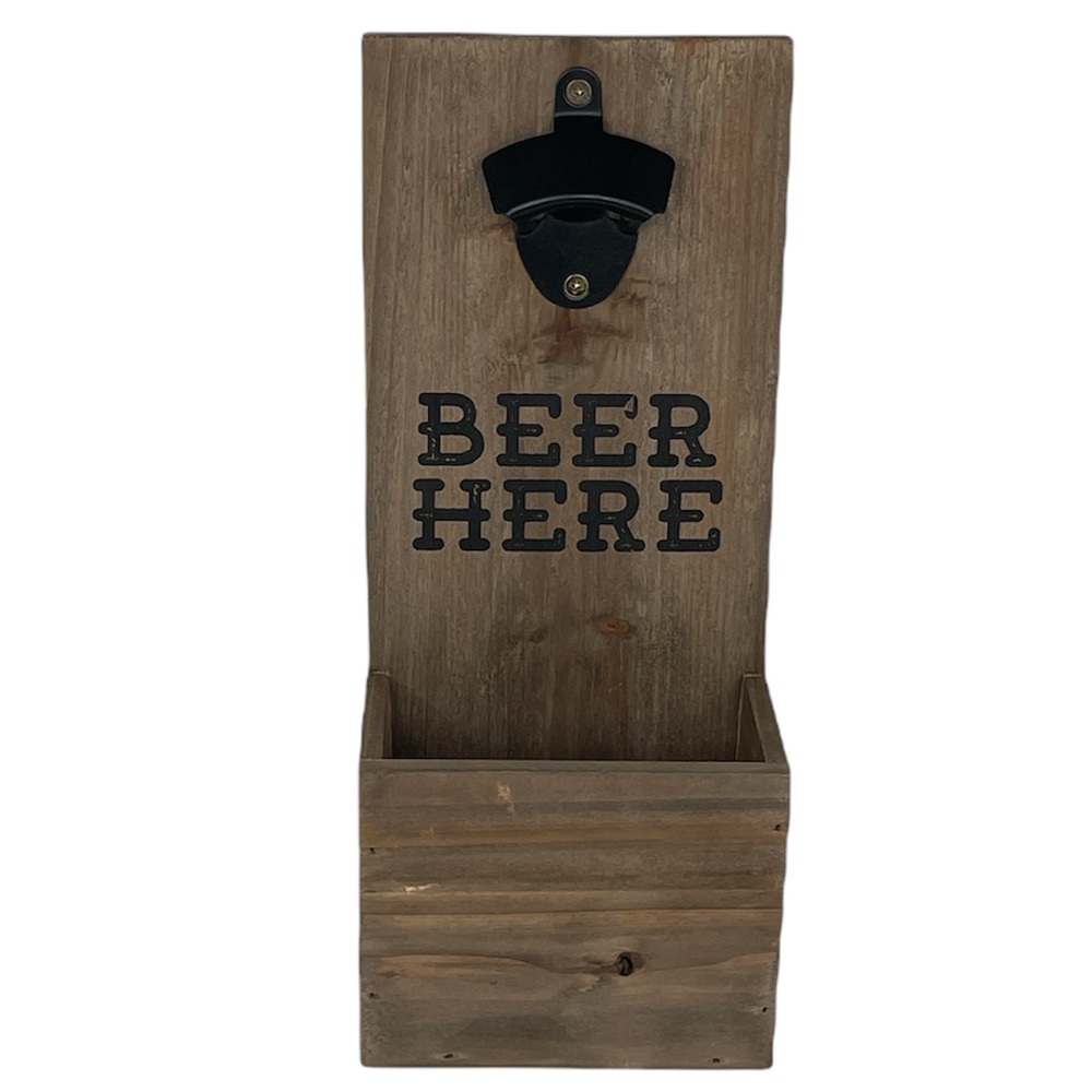 Bottle Top Opener and Bin, Beer Here, Wood